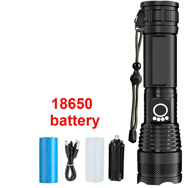 High Power Rechargeable LED Tactical Flashlight Aluminum Alloy Telescopic Zoom Torch Lamp for Outdoor Camping Fishing