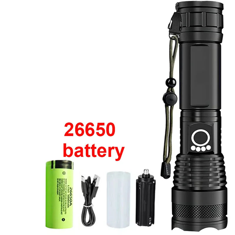 High Power Rechargeable LED Tactical Flashlight Aluminum Alloy Telescopic Zoom Torch Lamp for Outdoor Camping Fishing