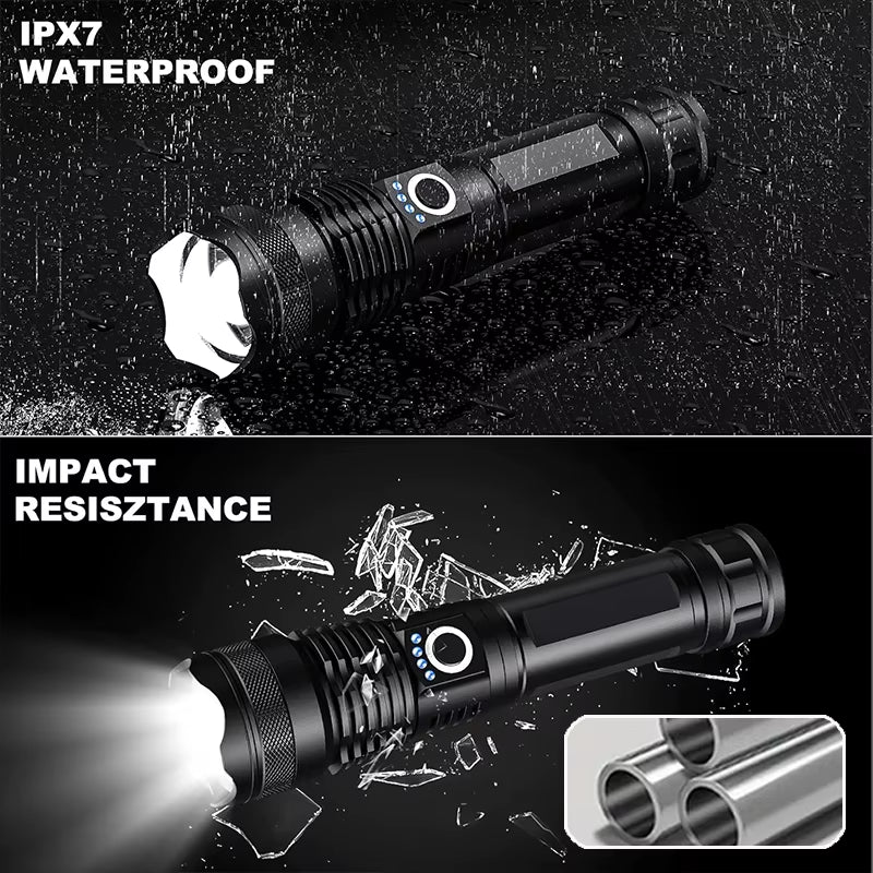 High Power Rechargeable LED Tactical Flashlight Aluminum Alloy Telescopic Zoom Torch Lamp for Outdoor Camping Fishing