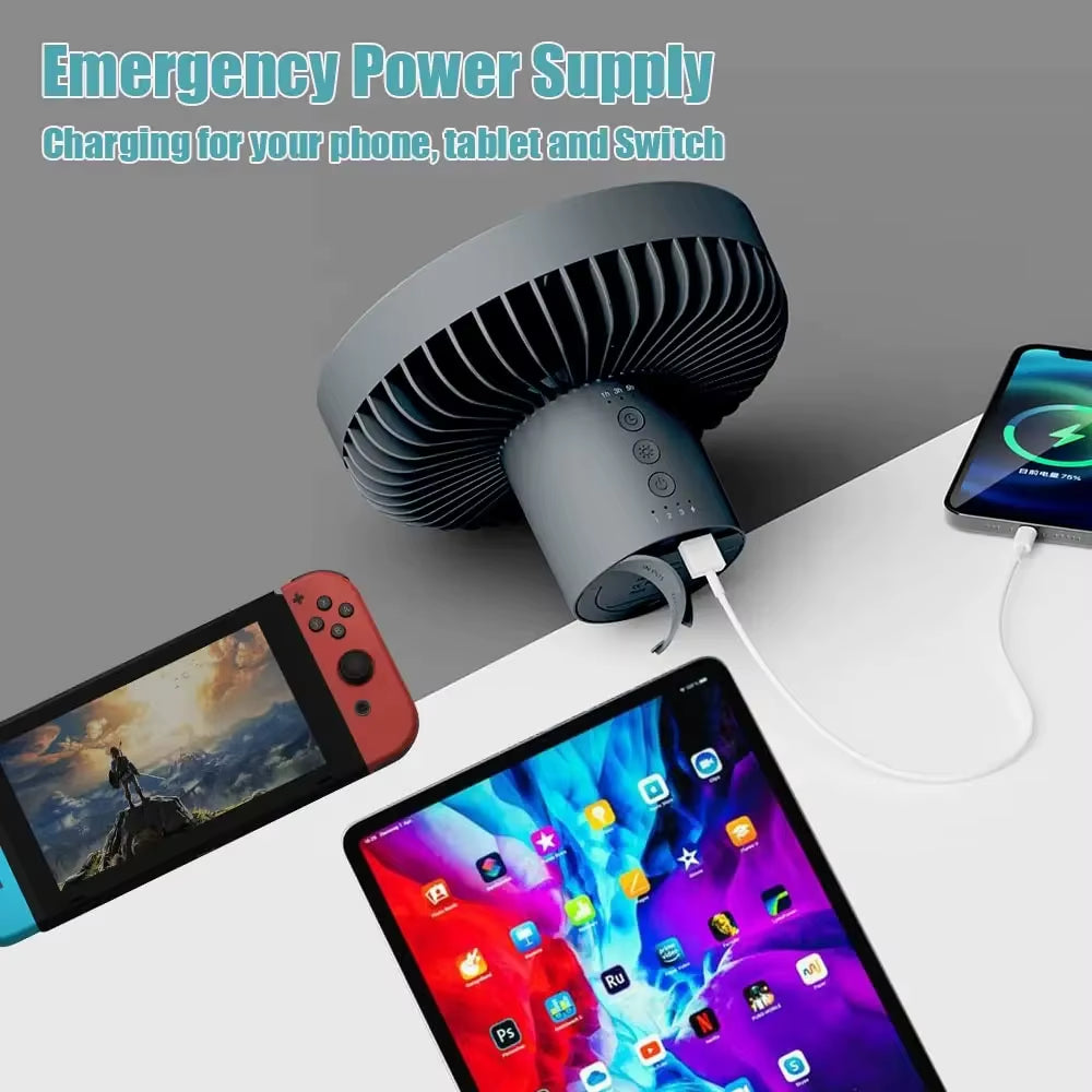 10000Mah Camping Fan Rechargeable Desktop Portable Circulator Wireless Ceiling Electric Fan with Power Bank LED Lighting