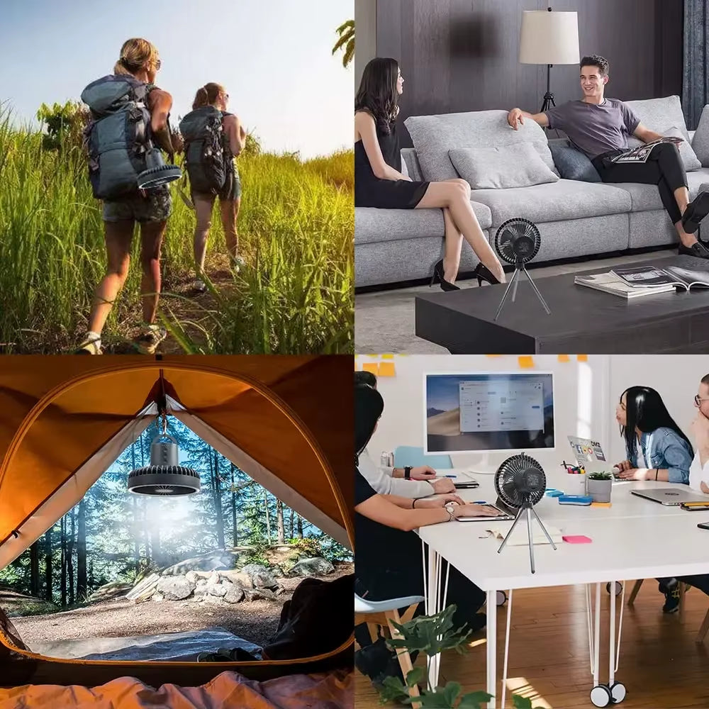 10000Mah Camping Fan Rechargeable Desktop Portable Circulator Wireless Ceiling Electric Fan with Power Bank LED Lighting