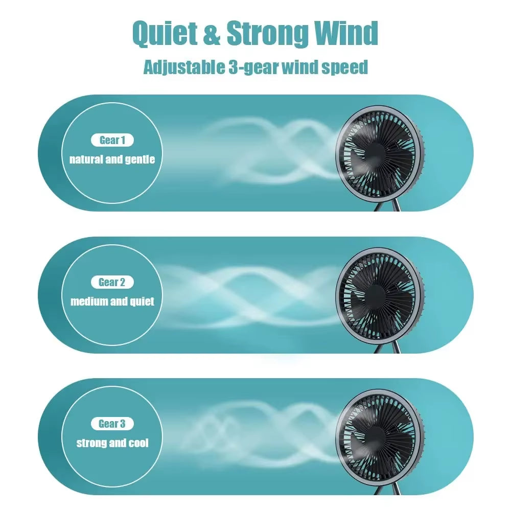 10000Mah Camping Fan Rechargeable Desktop Portable Circulator Wireless Ceiling Electric Fan with Power Bank LED Lighting