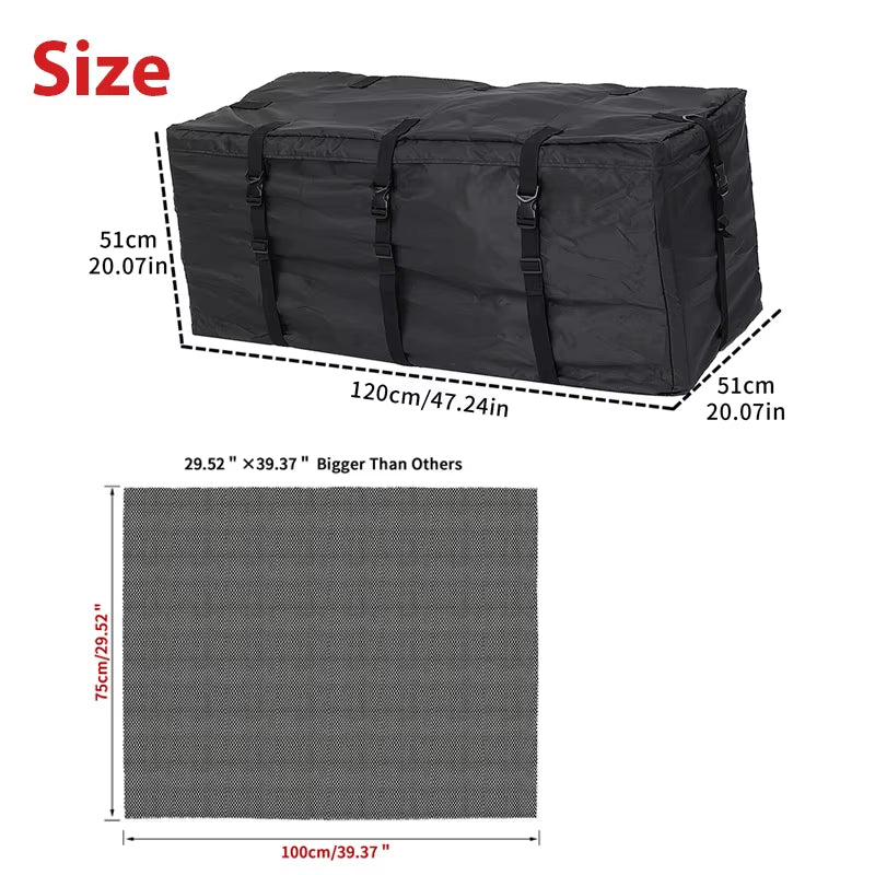 120X51X51Cm Waterproof Car Cargo Roof Bag Waterproof Rooftop Luggage Carrier Black Storage Travel Waterproof SUV Van Security